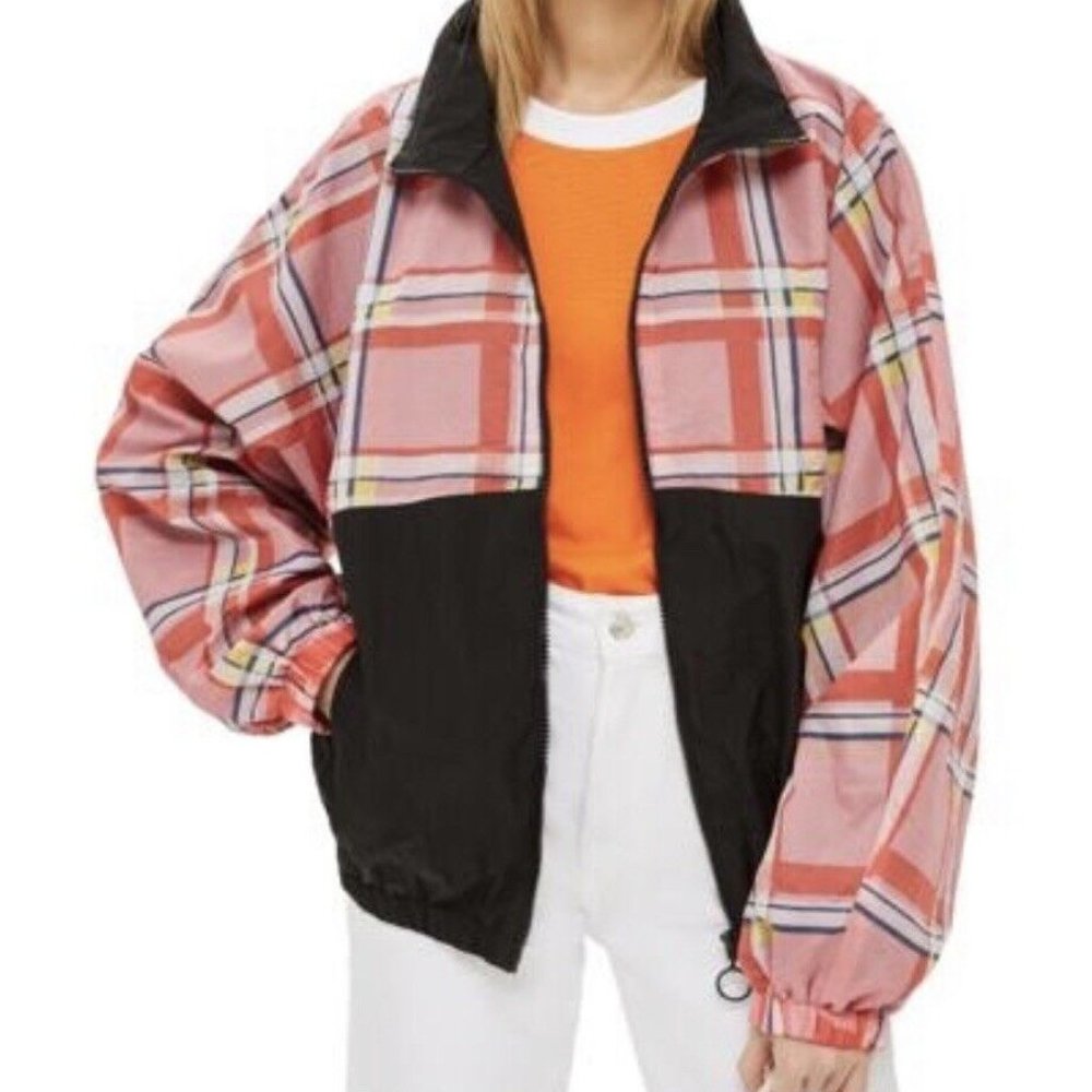 Topshop Plaid Colorblock Windbreaker Size 12